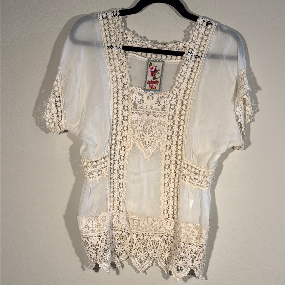 Johnny Was Cream Flutter Sleeve Embellished Blouse